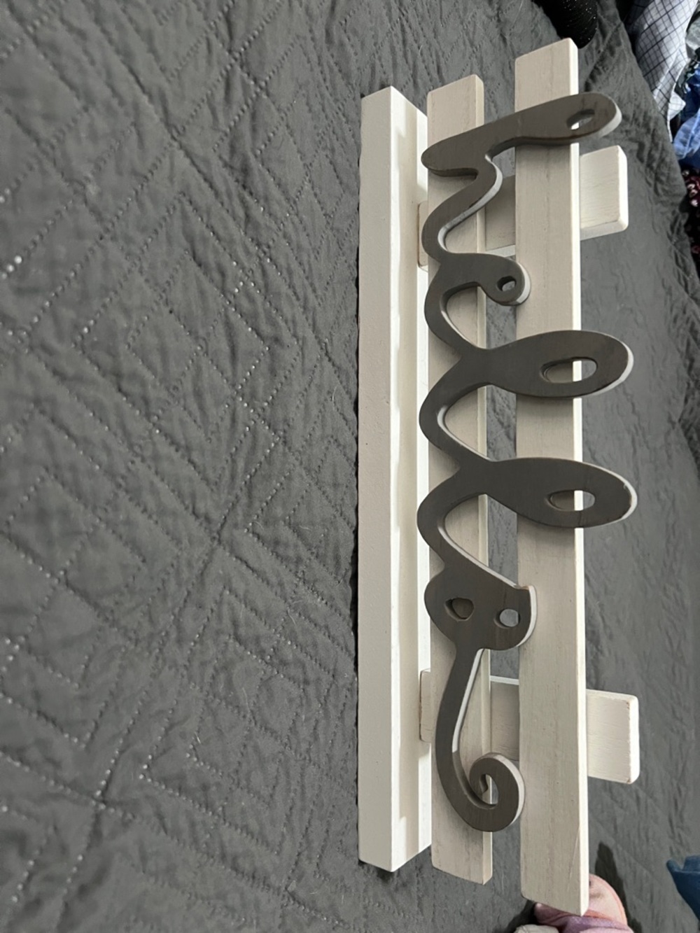 Rustic White Sign with Gray Metal 'Hello' Script